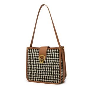 USA MCLAREN LLC Houndstooth Fabric Shoulder Bag for Women Top Handle Bucket Purse Casual Retro Portable Adjustable Straps