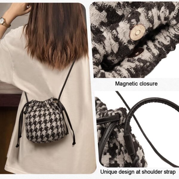 USA MCLAREN LLC Houndstooth Fabric Bucket Crossbody Bags for Women Mini Size Drawstring Closure - Image 4