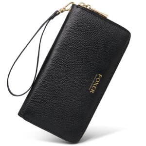 USA MCLAREN LLC Litchi Grain Leather Wallets for Women Large Wristlet Purses Billfolds RFID Card Cases Money Organizers Zipper Closure Coin Pocket(Litchi Grain-Black)