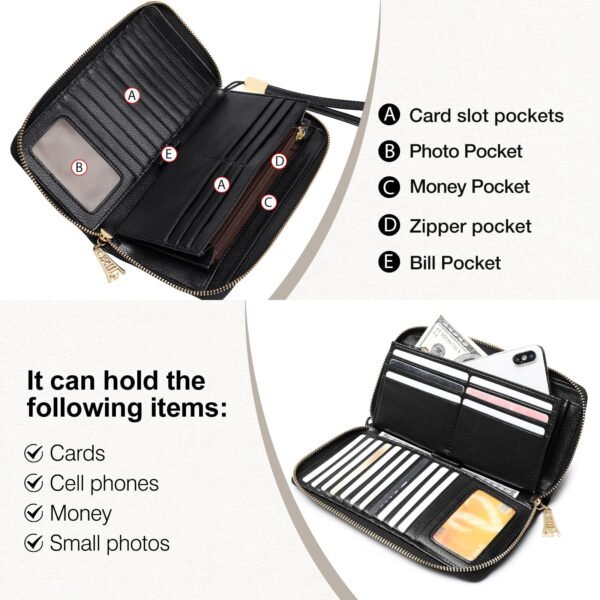 USA MCLAREN LLC Litchi Grain Leather Wallets for Women Large Wristlet Purses Billfolds RFID Card Cases Money Organizers Zipper Closure Coin Pocket(Litchi Grain-Black) - Image 6
